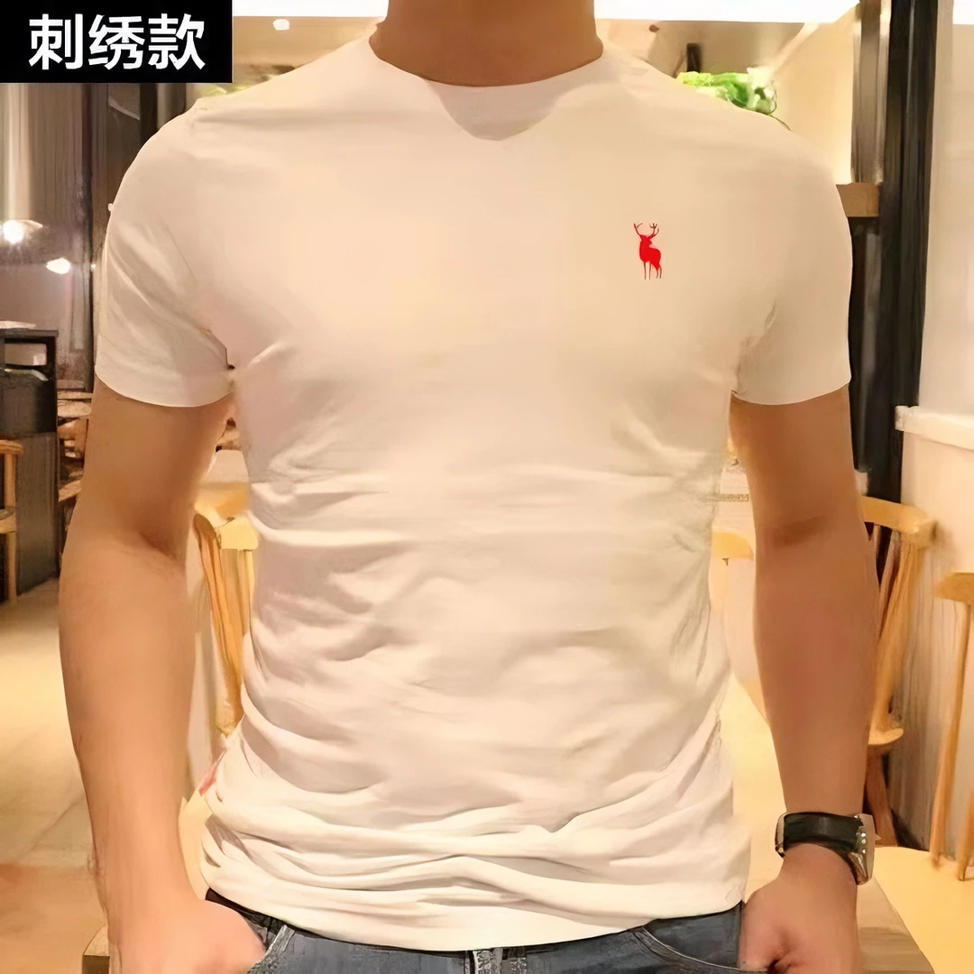 af圆领短袖t恤男外贸新款修身版型高端图案刺绣百搭休闲上衣