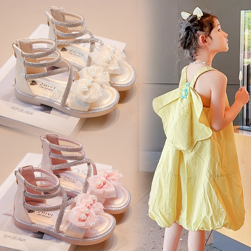 女童水钻罗马凉鞋2024夏季新款洋气软底蝴蝶结小女孩露趾高帮凉鞋