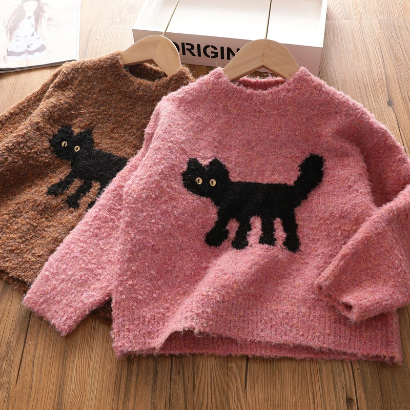 亲子羊圈绒女童洋气圆领针织衫儿童可爱猫咪韩版宽松套头毛衣深秋