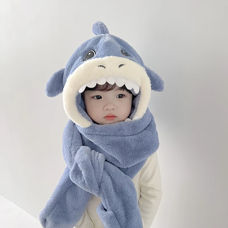 儿童帽子冬季卡通鲨鱼男童帽子围巾手套加厚三件套女童宝宝一体帽