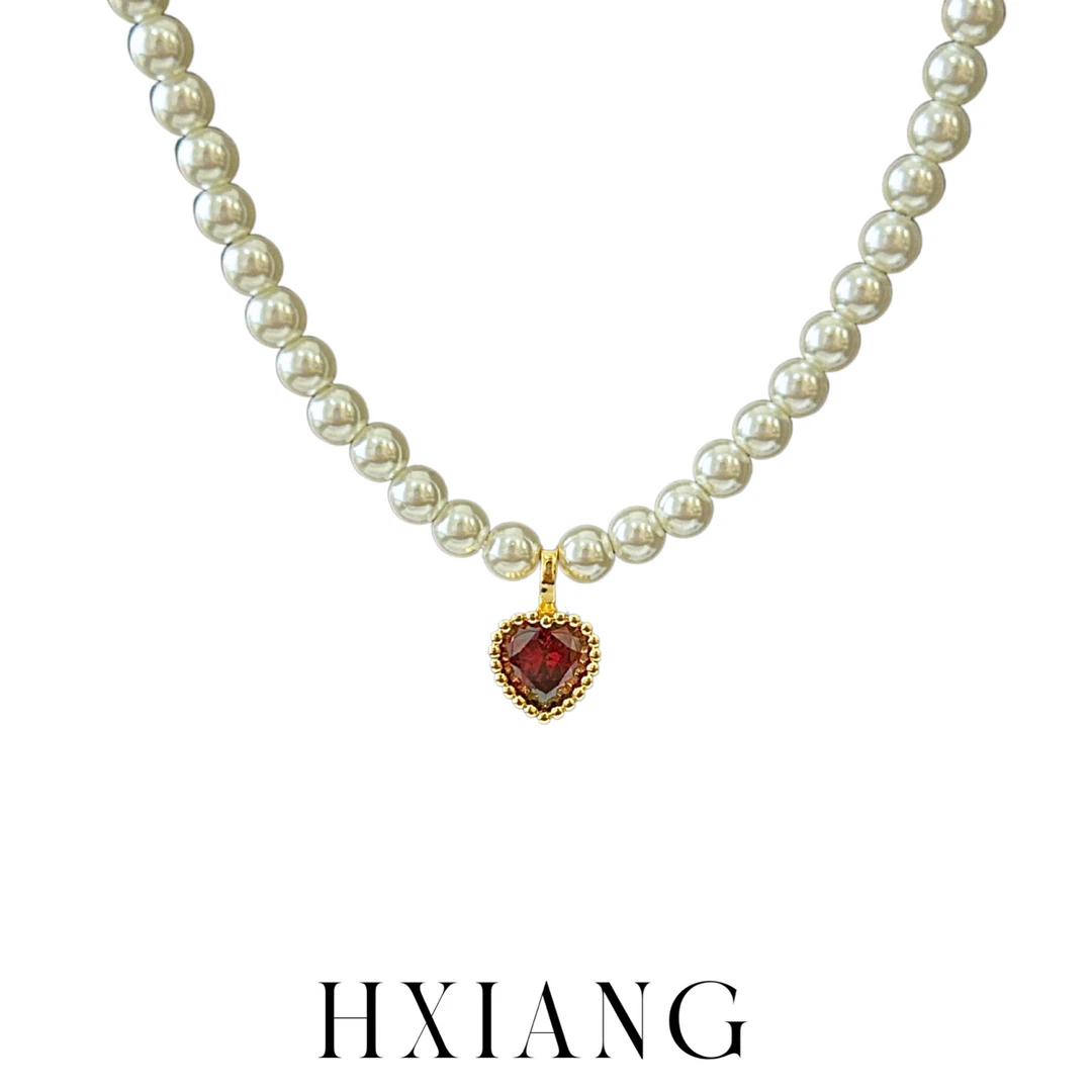 铜合金仿珍珠项链 时尚气质金色爱心单钻珍珠项链女优雅百搭1004