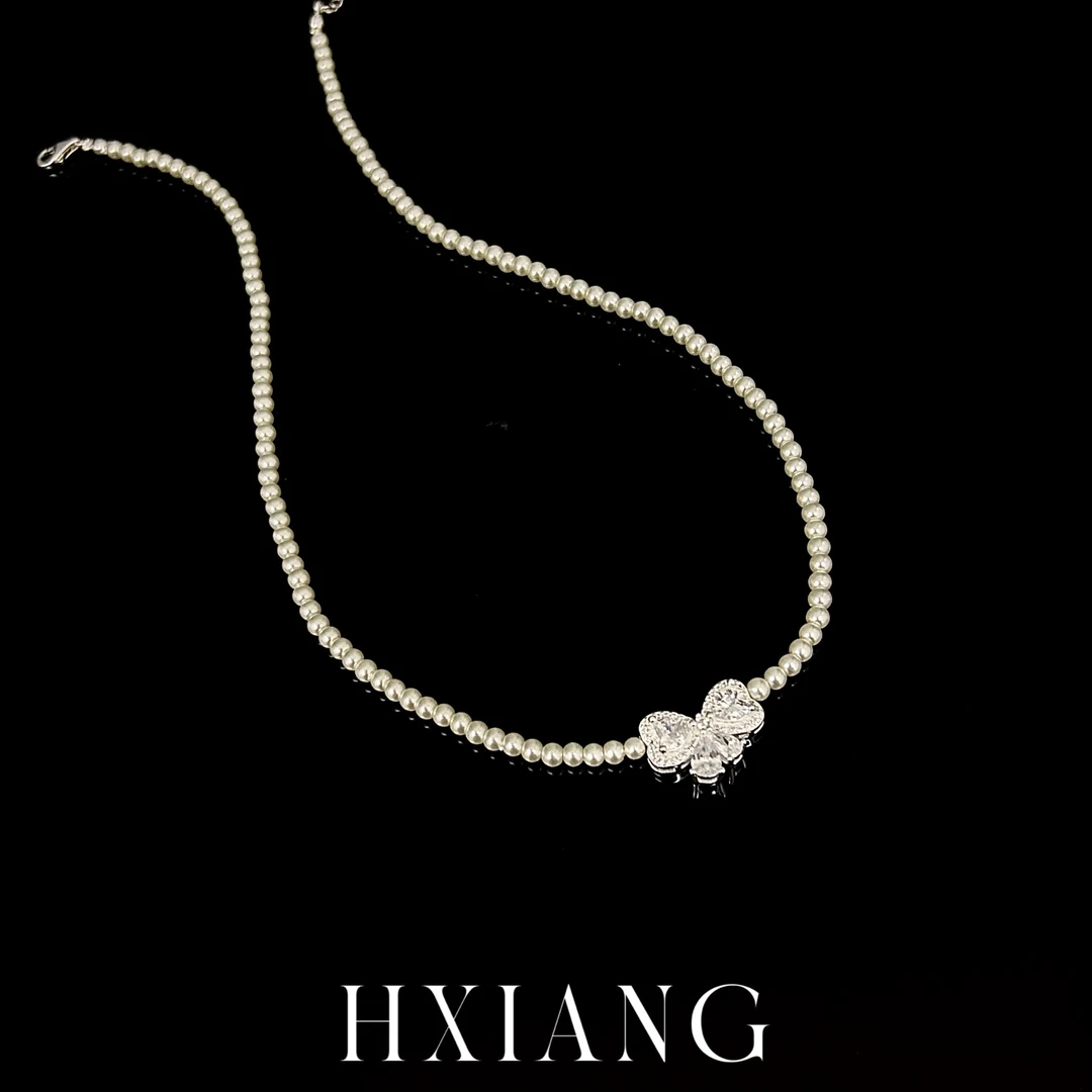 铜合金仿珍珠项链 轻奢蝴蝶结珍珠项链女爆款锁骨链小众设计1051