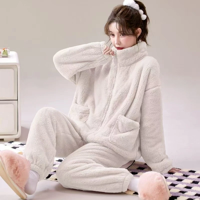 时尚睡衣女冬季加绒保暖拉链设计感外穿家居服宽松休闲两件套