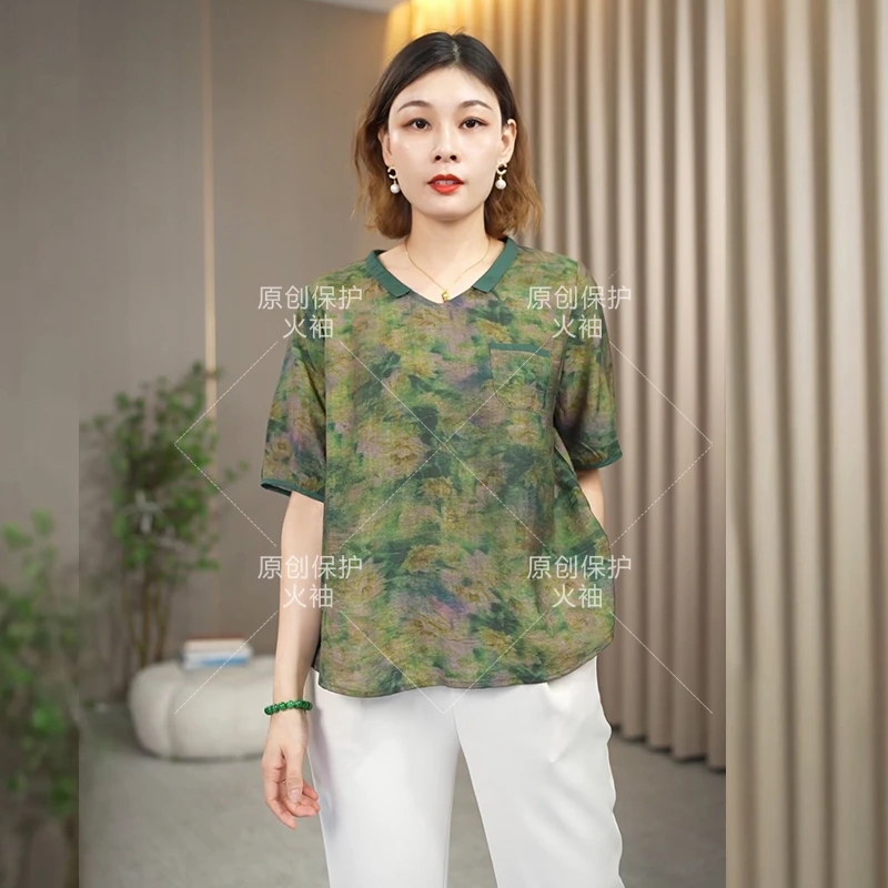 火袖D668娃娃领印花短袖上衣2024夏新款宽松妈妈装百搭显瘦小衫