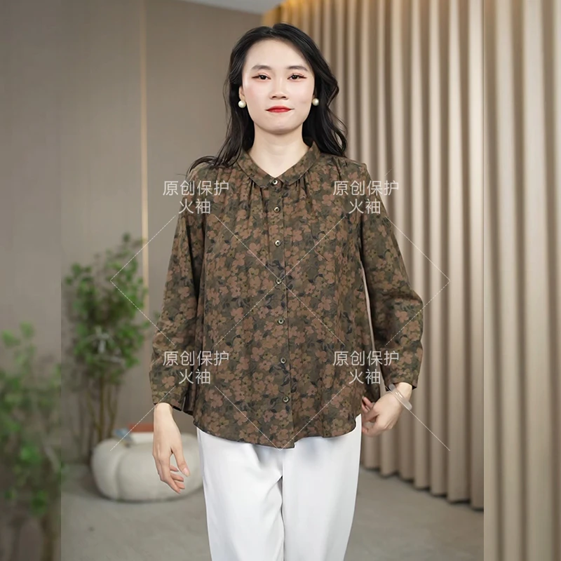 火袖D798气质娃娃领印花上衣女2024新款宽松遮肚百搭大码长袖小衫