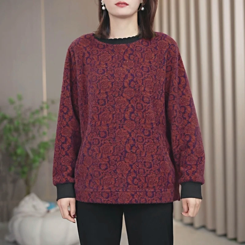 火袖8345时尚秋冬新款半高领安格拉绒宽松拼接百搭长袖打底上衣