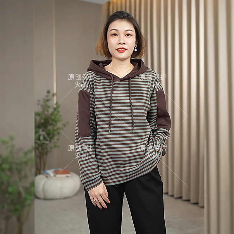 火袖F163时尚连帽条纹卫衣女2024秋冬新款宽松大码百搭长袖上衣