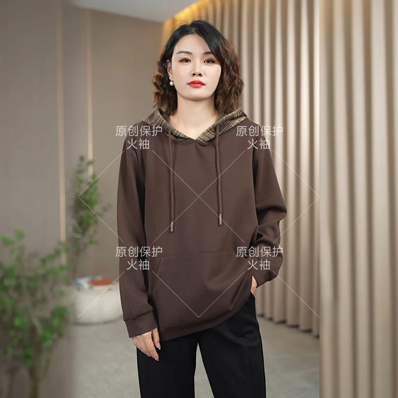 火袖F210时尚连帽格纹纯色卫衣女2024秋冬新款宽松百搭长袖上衣