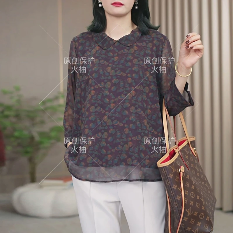 火袖8522时尚2024新款娃娃领印花宽松遮肚子显瘦妈妈装上衣女