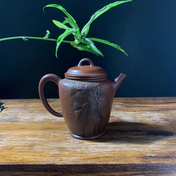 云南建水紫陶茶壶名利双收堆雕蝉茶壶高洁坚强老松陶瓷壶球孔壶
