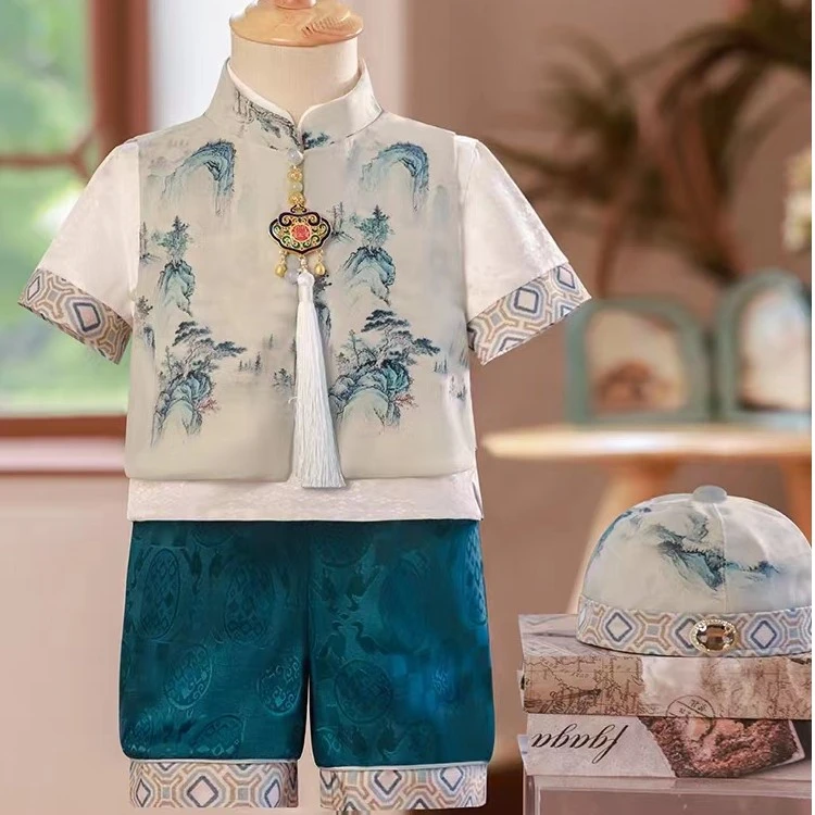 清仓男宝抓周服夏款周岁礼服国潮冠衣中式唐装汉服满月生日宴服装