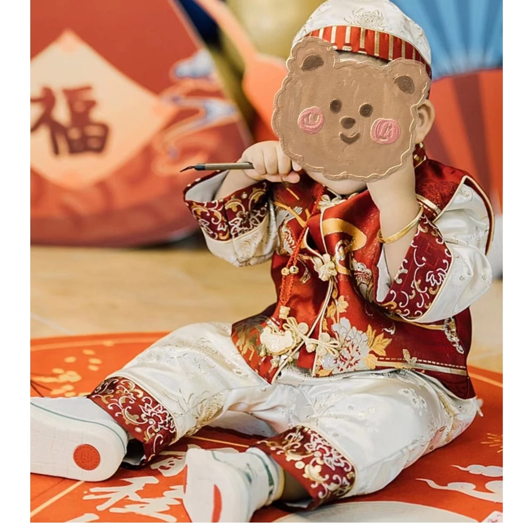 周岁礼服男宝宝一岁生日抓周服中式唐装套装冠衣百天满月服装夏季