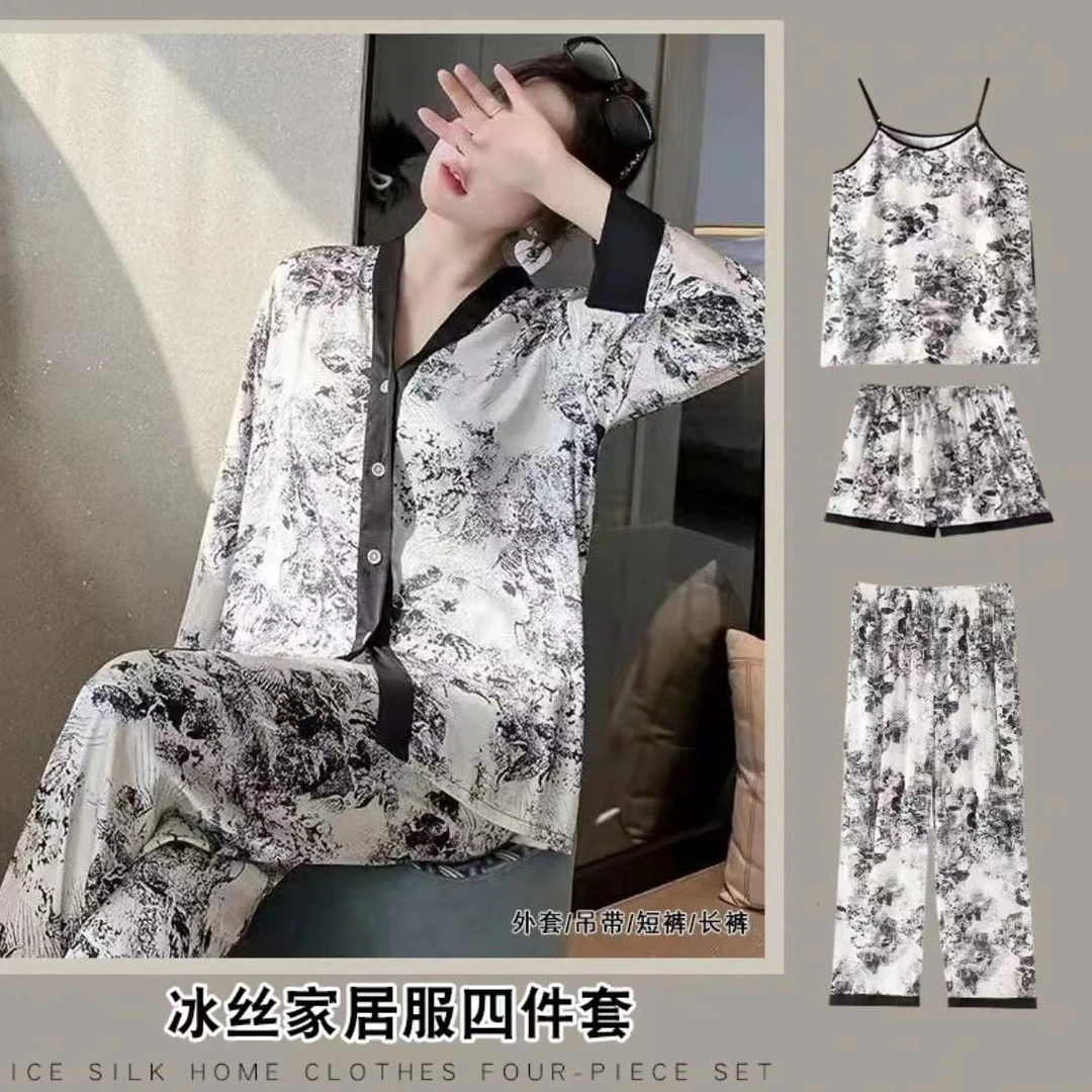 国潮风水墨画四件套睡衣女时尚夏季宽松舒适印花家居服套装女K258