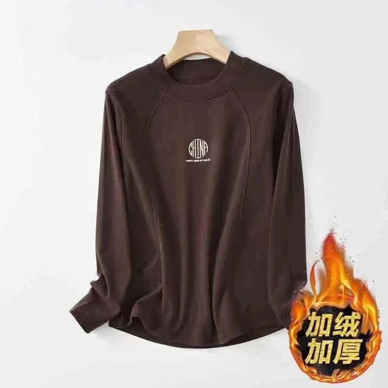 【必备奥力绒打底衫】百搭圆领时尚休闲女修身刺绣加绒加厚打底衫