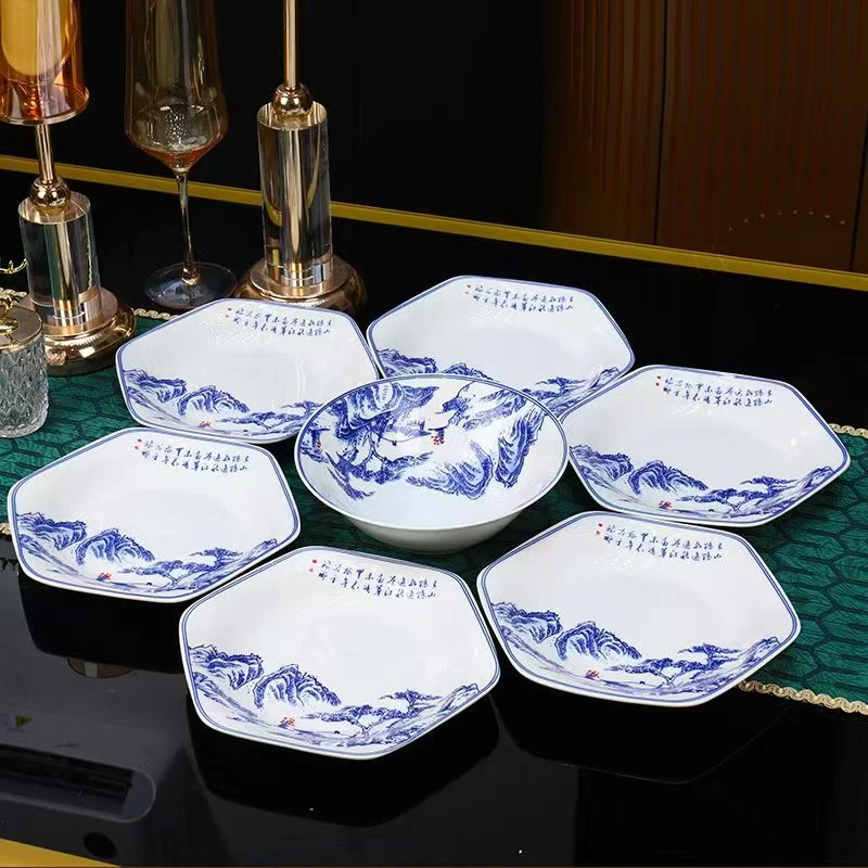 发9英寸青花山水六角盘6个装+8英寸汤碗七件套 有问题联系客服