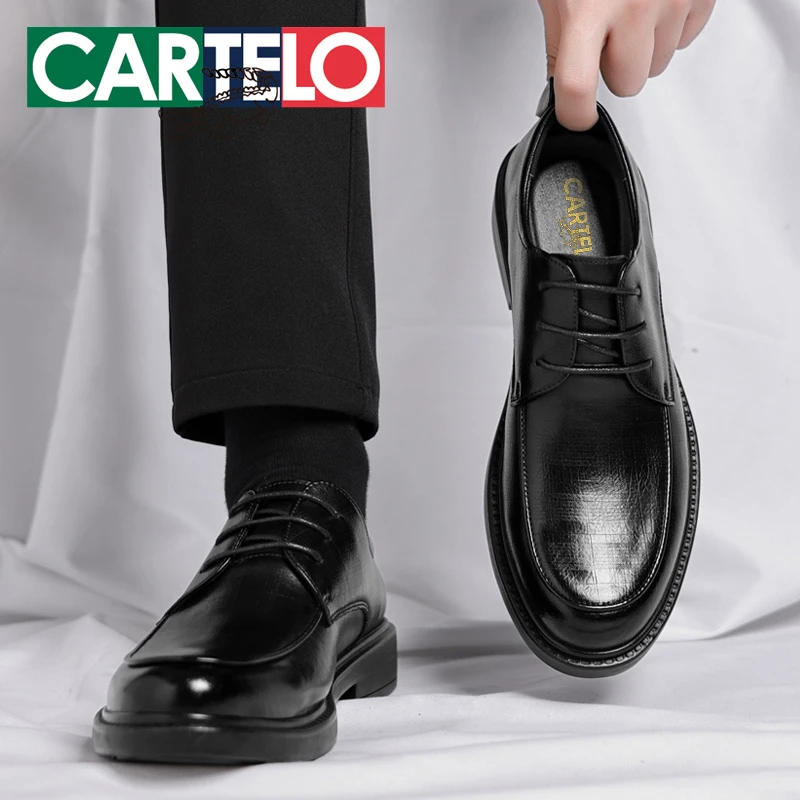 CARTELO/卡帝乐鳄鱼男士商务正装皮鞋男牛皮系带休闲皮鞋百搭黑色