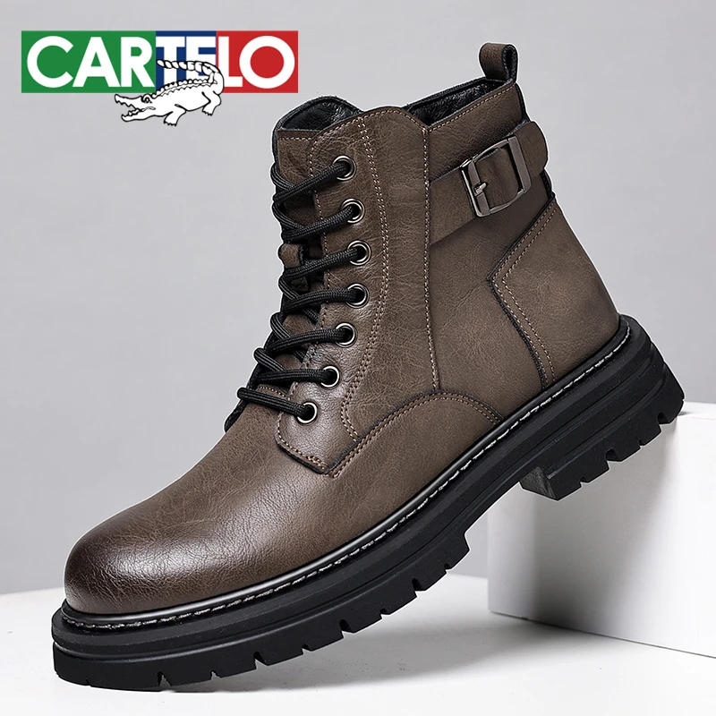CARTELO/卡帝乐鳄鱼马丁靴男款2023牛皮中帮男鞋休闲加绒工装靴