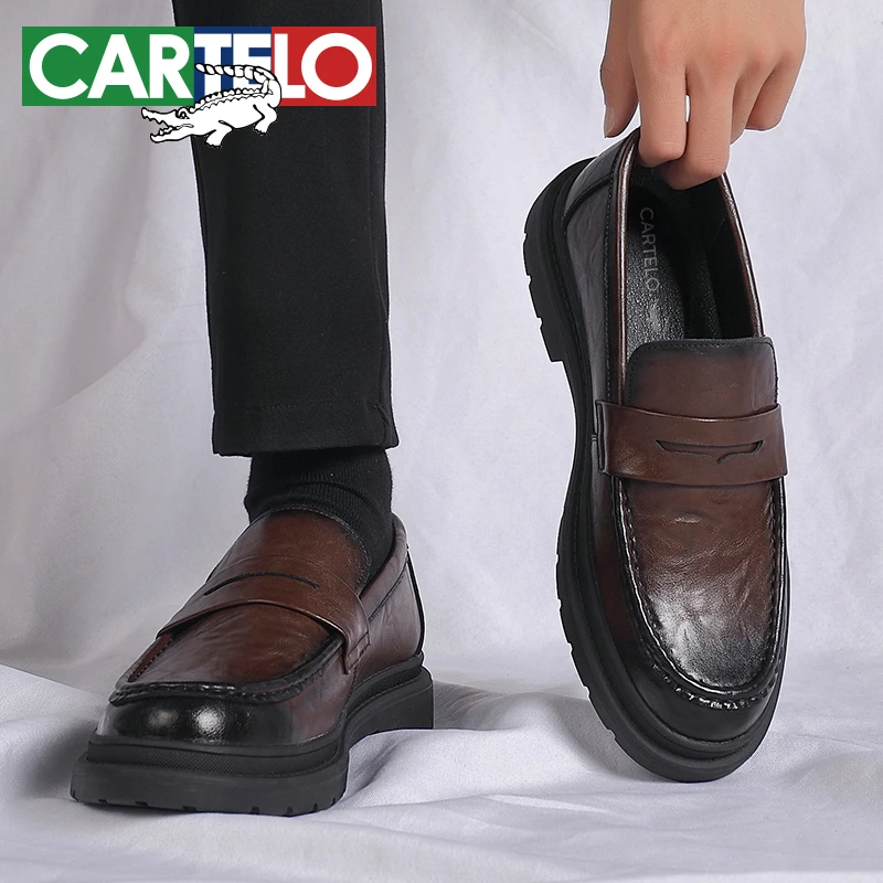 CARTELO/卡帝乐鳄鱼男士厚底商务休闲皮鞋时尚潮流擦色套脚皮鞋男