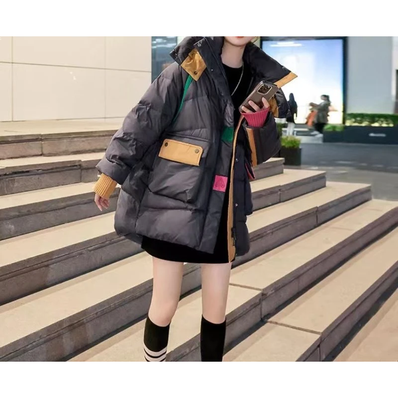 【当季爆款】羽绒服女2023年冬季新款拼色宽松中长款小众设计感加厚