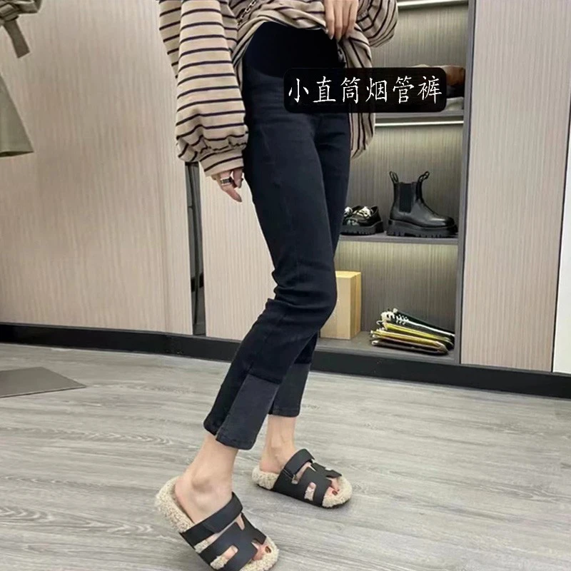 8055-1 孕妇裤子九分牛仔裤外穿时尚拼接孕妇装开叉小直筒