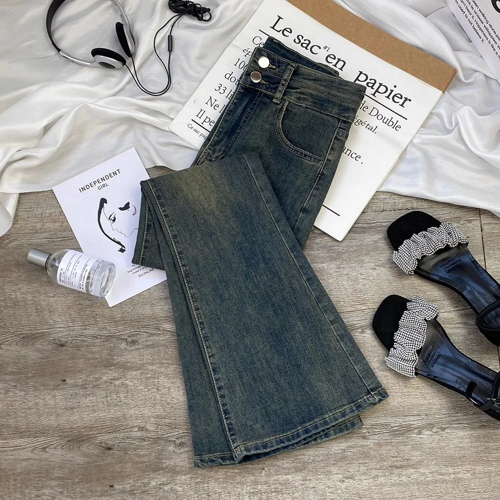 水泥灰微喇牛仔裤女春秋季2025年新款高腰显瘦小个子马蹄喇叭裤女