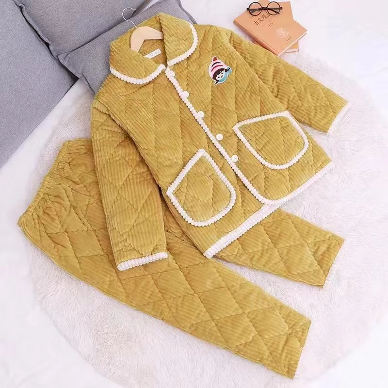 女士冬季三层加厚法兰绒睡衣套装冬天保暖珊瑚绒夹棉袄家居服睡衣