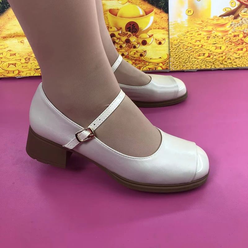 单鞋女2024新款夏季浅口中跟粗跟软底软皮方头一字扣中老年妈妈鞋