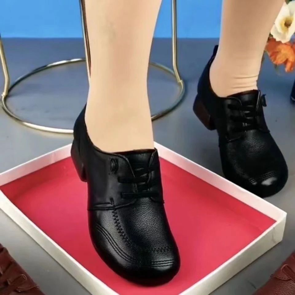 单鞋女2025春秋新款真软皮粗跟牛津底舒适百搭轻便圆头女鞋妈妈鞋