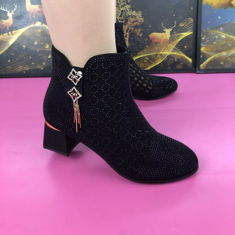 2024冬季女棉靴靴时尚烫钻加绒保暖防滑妈妈鞋中粗跟洋气舒适百搭