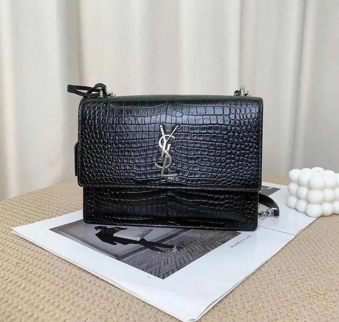 全新未使用 YSL/圣罗兰 /鳄压纹日落/黑银/1222011