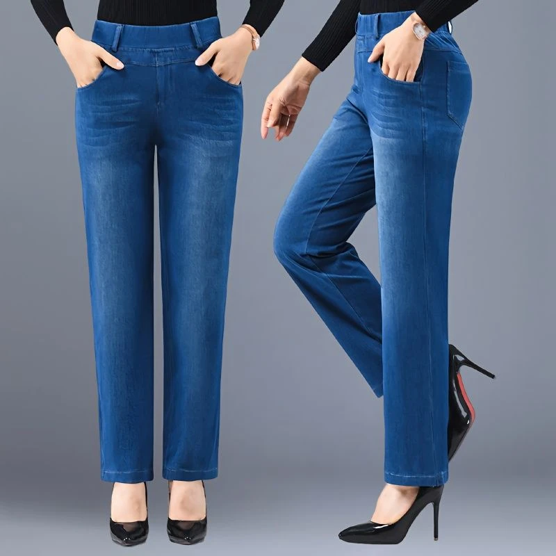 四面弹高弹力针织牛仔九分裤女夏季轻薄款高腰松紧腰直筒休闲裤子