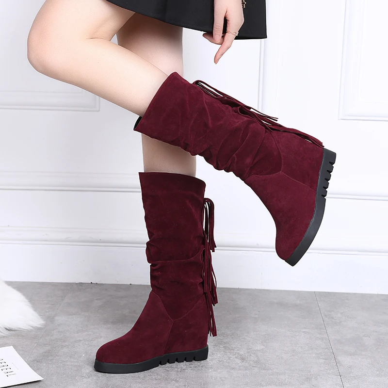 厚底中筒马丁靴女增高显瘦中靴秋冬最新款时尚流苏靴中长款棉靴34