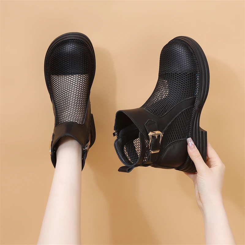 高帮时尚春夏薄款百搭英伦风靴子2025短靴厚底镂空配裙网面凉靴女