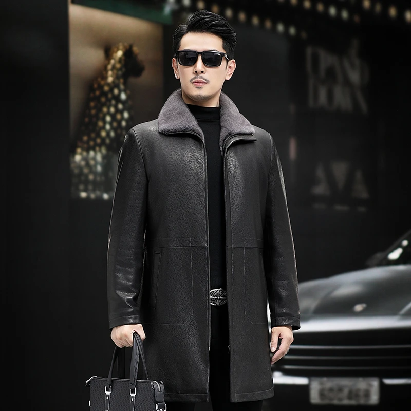 海宁真皮皮衣风衣款山羊皮内胆毛领水貂外套男