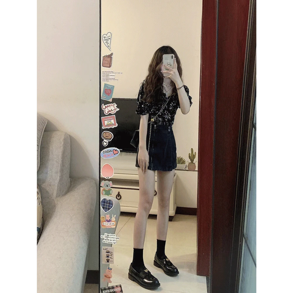 夏季盐系轻熟套装女可盐可甜气质减龄碎花上衣牛仔连衣裙两件套装