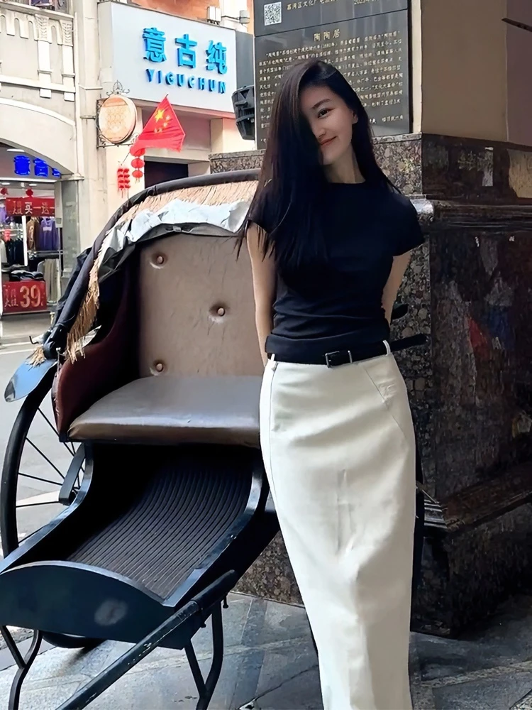 夏季时尚小个子茶系穿搭黑色短袖上衣半身裙气质轻熟御姐两件套装