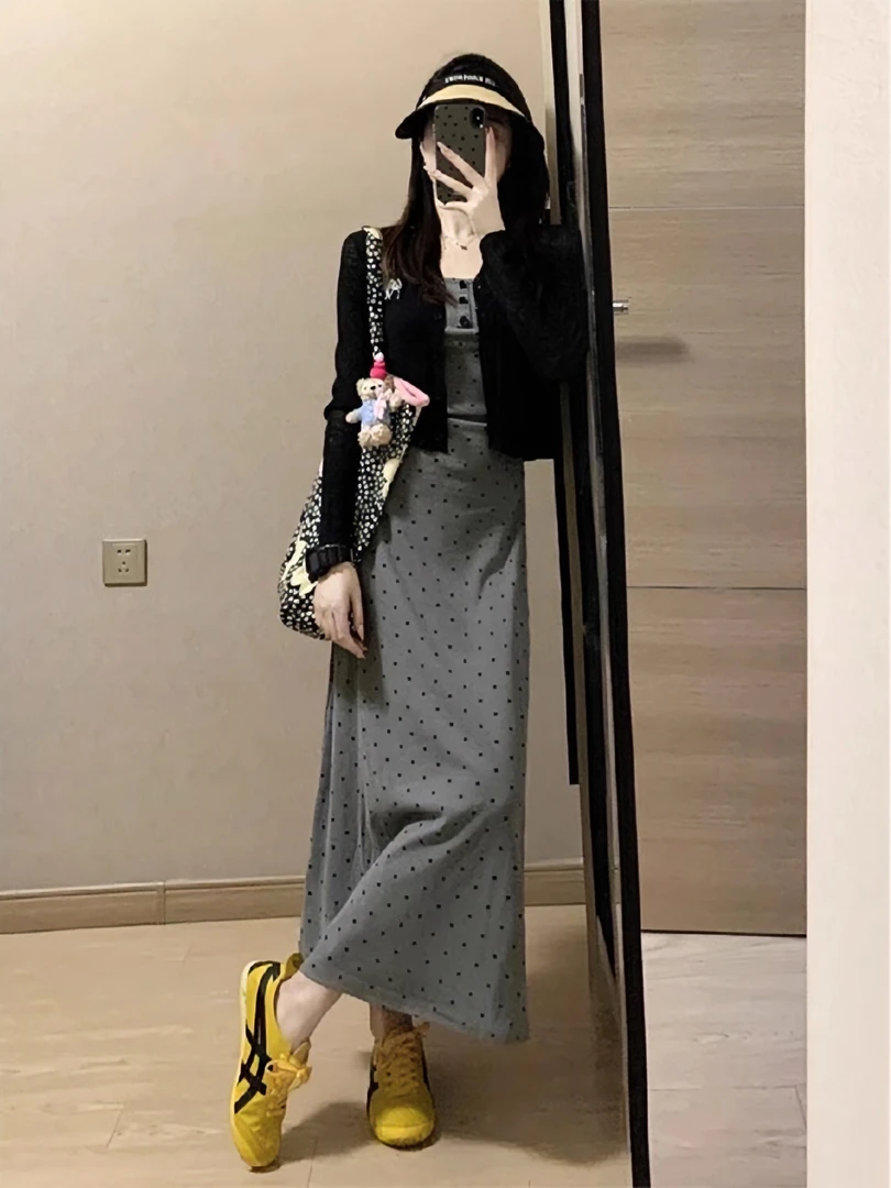 高级感气质穿搭一整套长裙绝美黑色开衫吊带连衣裙两件套装女夏季