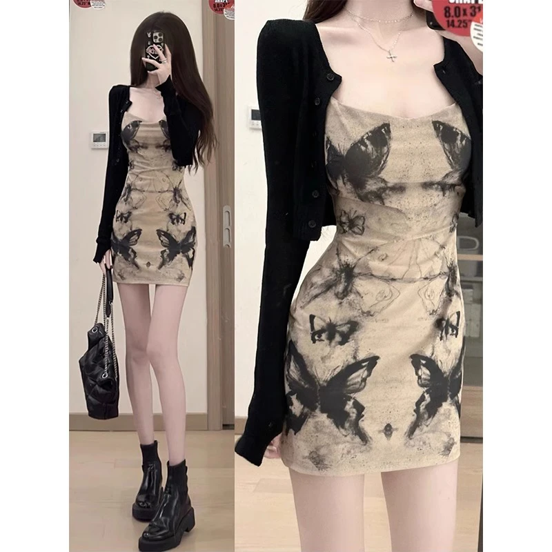 复古水墨蝴蝶吊带裙法式气质修身包臀连衣裙开衫两件套2025年新款