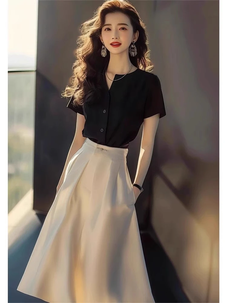 夏季高端精致气质名媛女神范高级感小香风黑色连衣裙套装