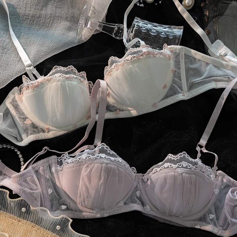 大胸法式半罩杯内衣女性感蕾丝文胸内裤套装秋冬聚拢粉紫色纯欲风