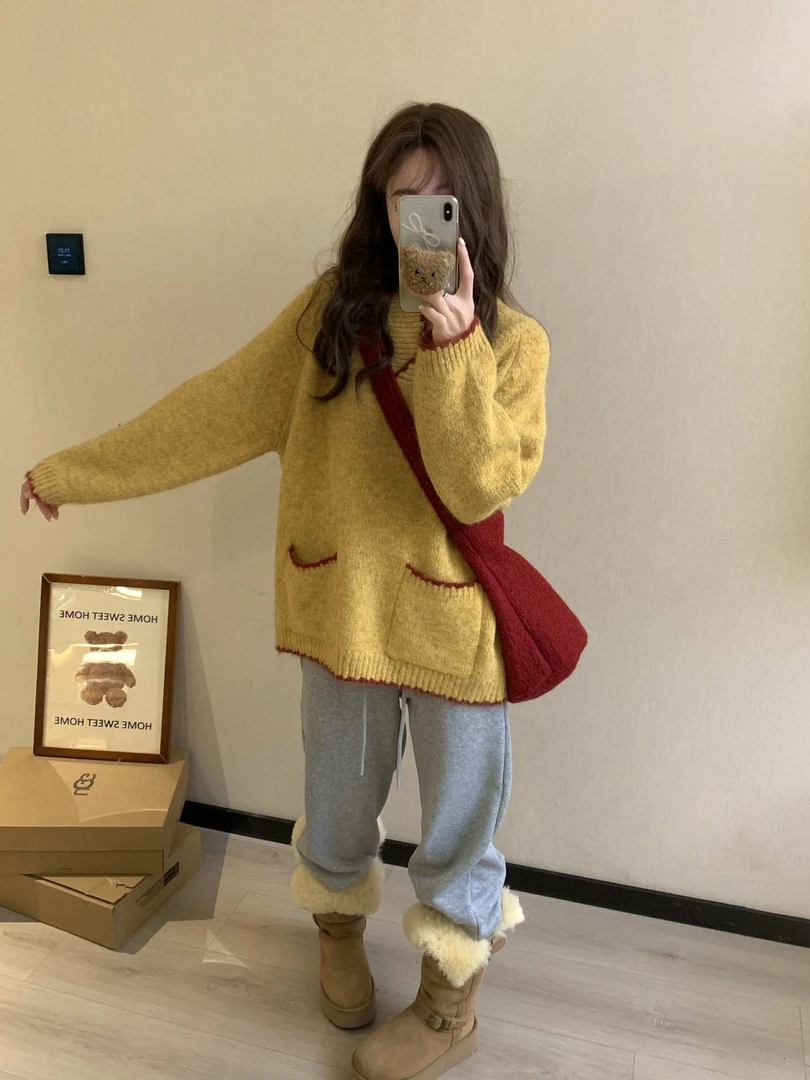 0216【加厚】贝壳绣V领翻领慵懒风休闲羊毛毛衣（MY019）