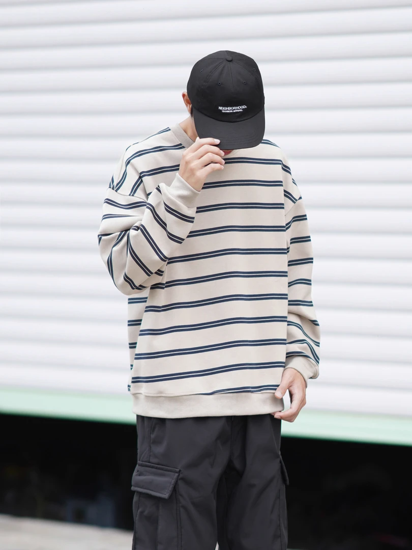 美式复古撞色条纹卫衣男秋季新款宽松百搭休闲港风圆领长袖t恤潮