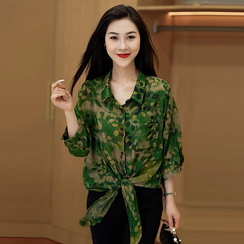 高端设计冰丝印花短袖衬衫夏季polo领气质宽松休闲防晒衬衣女上衣