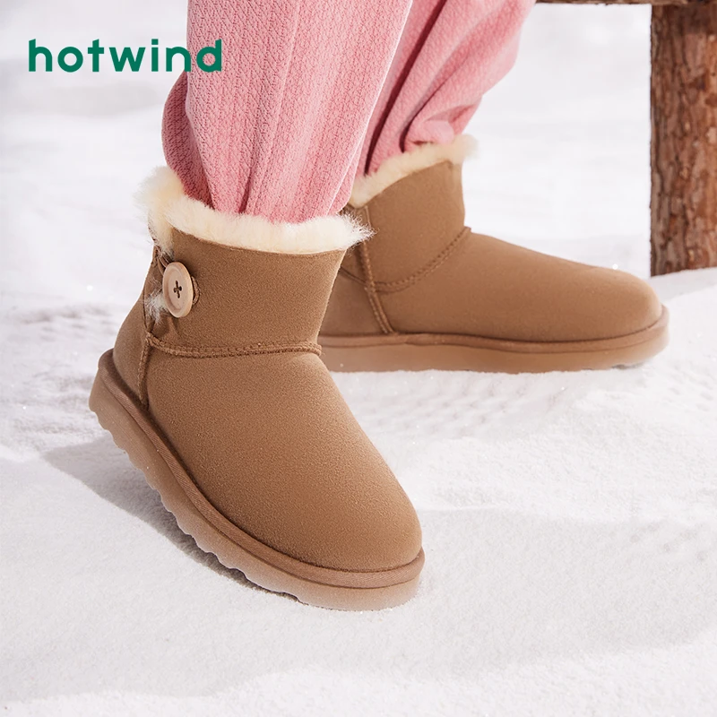 热风2023年冬季毛绒雪地靴小个子厚底中筒棉鞋加绒靴子女H89W3405