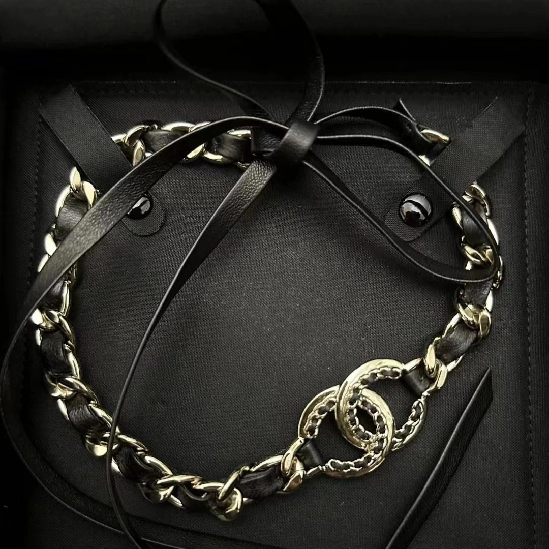 全新未使用 Chanel/香奈儿 金色双C皮穿绳链条腰链  03302