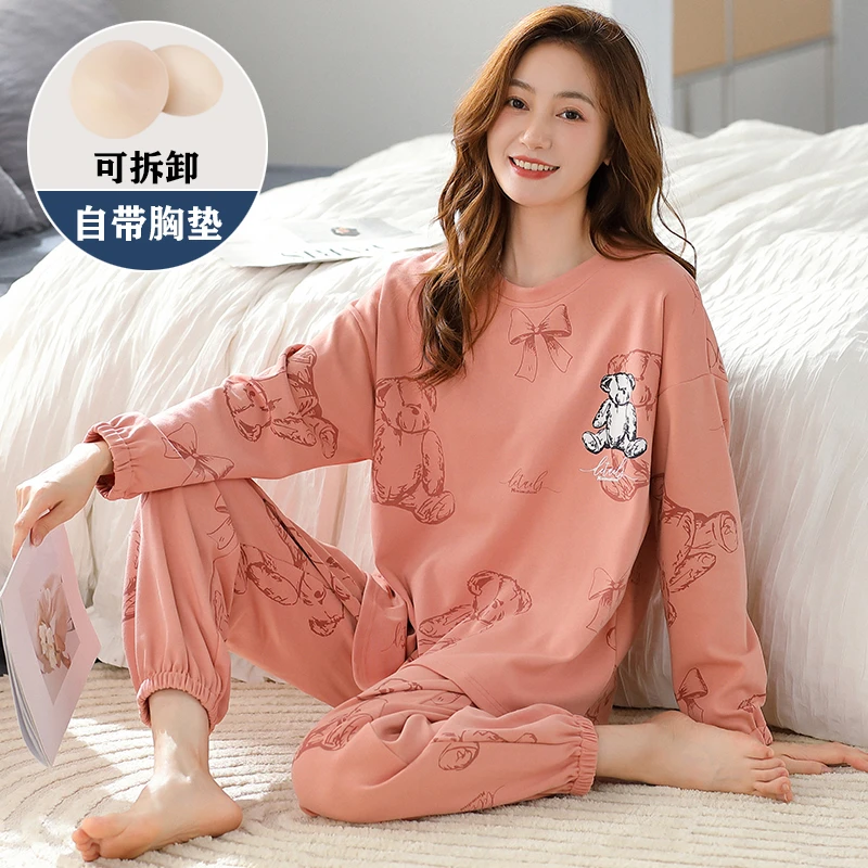 春秋季长袖自带胸垫睡衣女士大码外穿套装棉质休闲胖妈妈装家居服