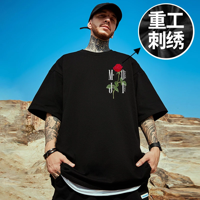 重工刺绣男重磅300g夏季胖子潮牌宽松T恤短袖加肥加大码纯棉男装