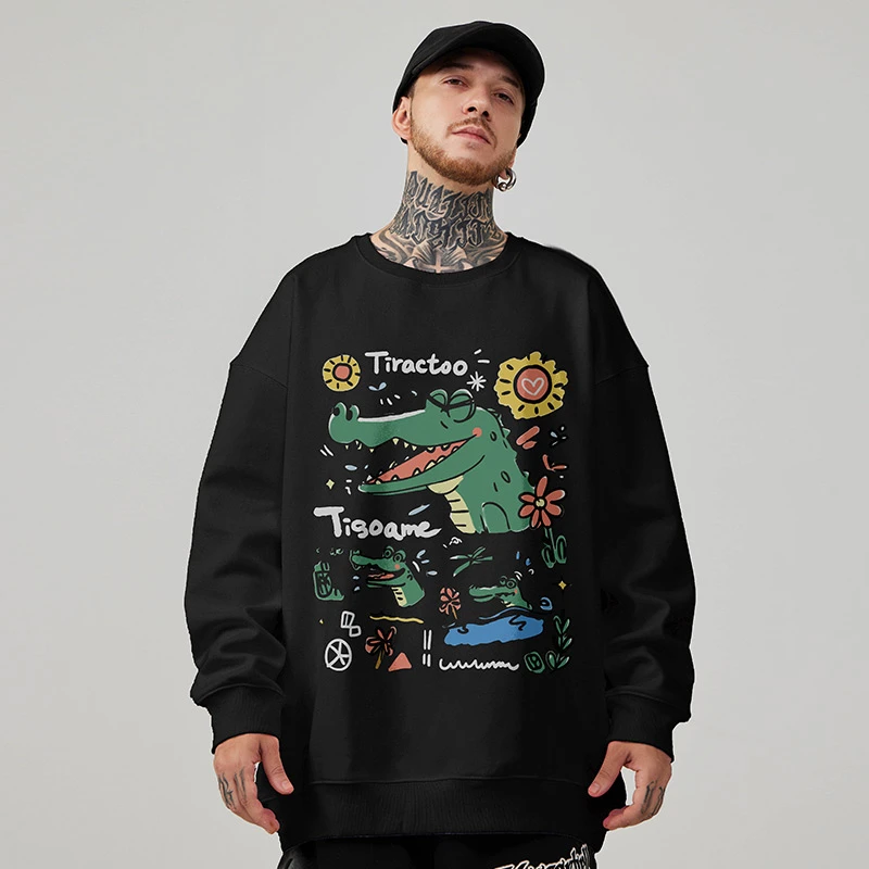 2024新款港风学生圆领胖子卫衣男潮牌加肥加大码加绒男生春秋无帽