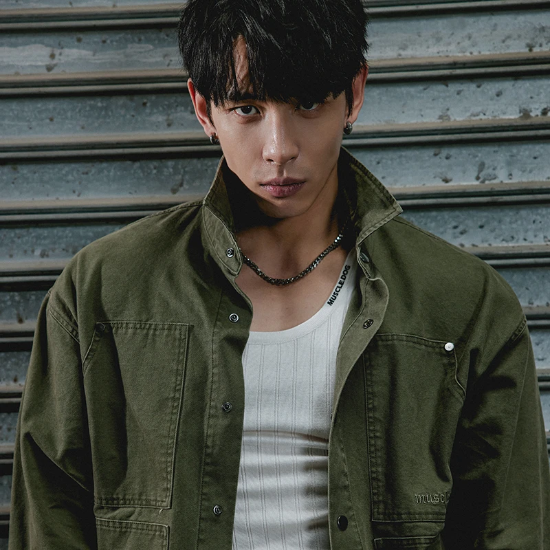 肌肉狗 长袖衬衫男潮牌翻领宽松休闲工装牛仔夹克外套