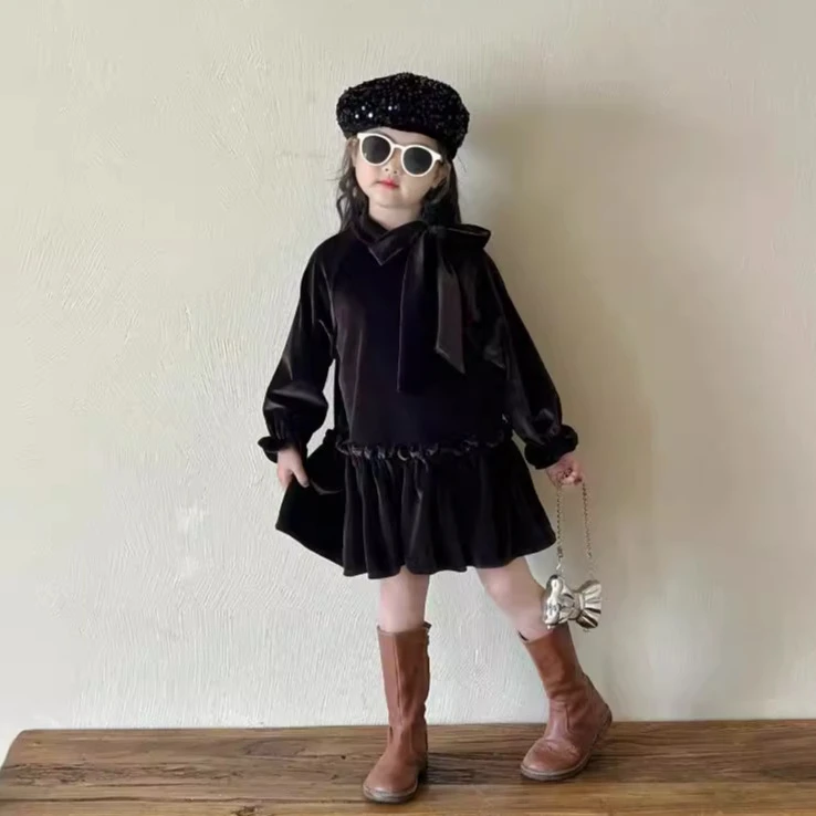 女童韩版秋季生日礼服法式公主裙绝美咖色丝绒裙连衣裙BX